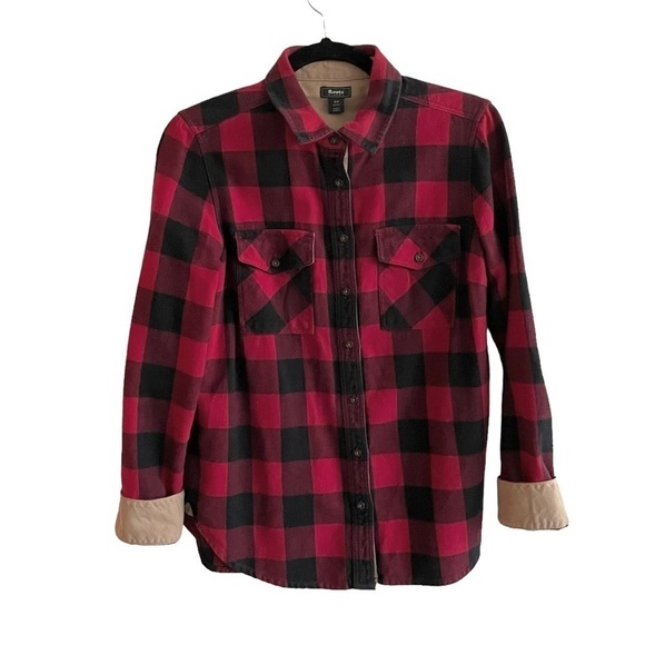 ROOTS Red Black Checked Plaid Flannel Button Front Shirt Elbow Patches S - Picture 1 of 7